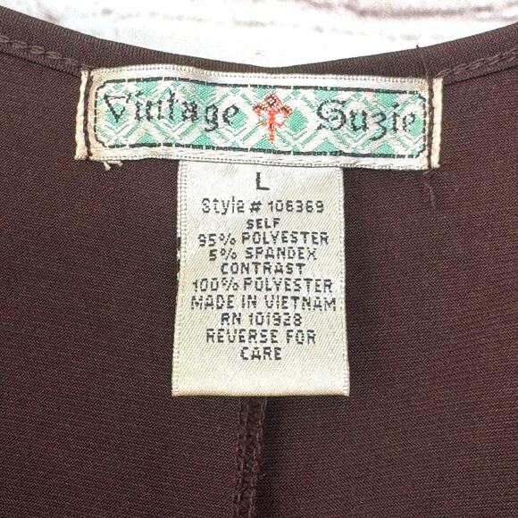 Vintage Suzie Wms L Brown Jersey Knit Tunic Top Sheer Flared Sleeves - Picture 3 of 8